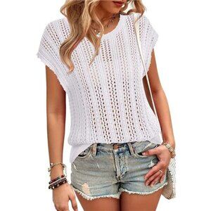 Womens Summer Crochet Tops Lightweight Cap Sleeve Crew Neck Knit Fashion Sweater